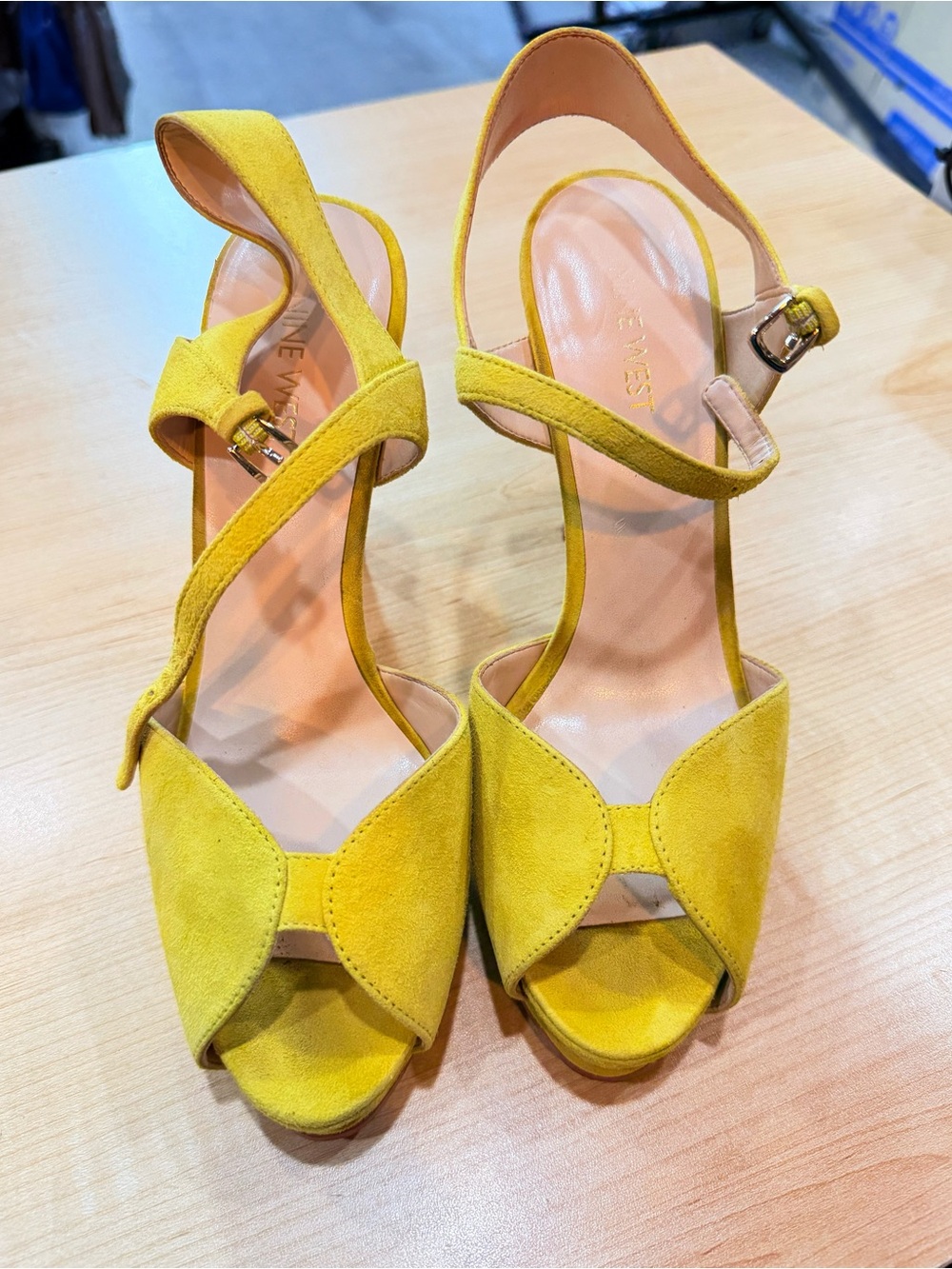 Nine West Mustard Yellow Suede Peep-Toe Slingback Heels